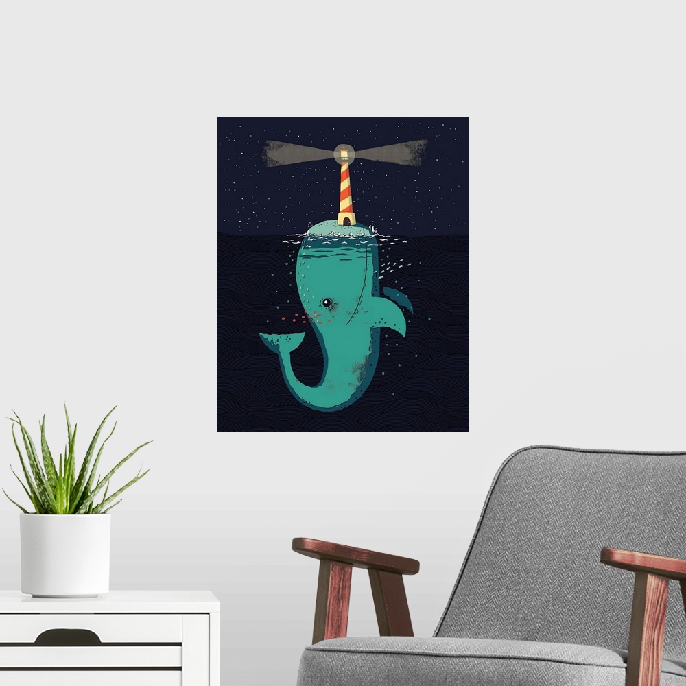 A modern room featuring Decorative artwork featuring a whale holding up a lighthouse to mimic the shape of a narwhal.