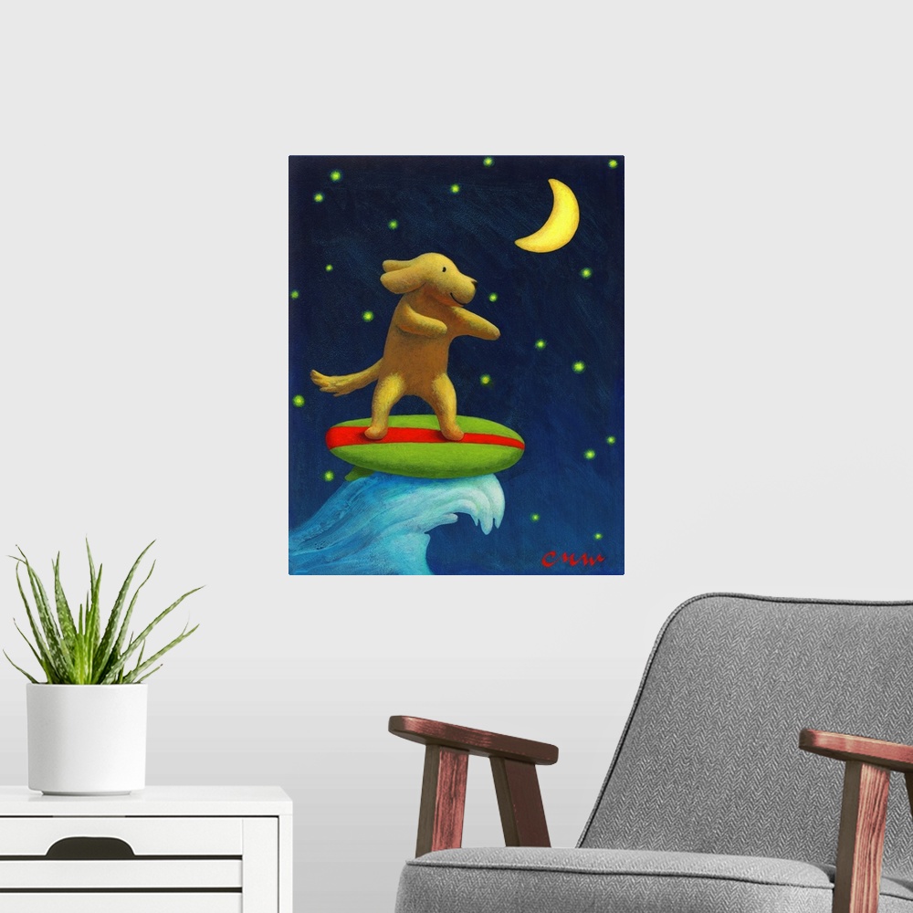 A modern room featuring Contemporary painting of a dog surfing with the night sky in the background.