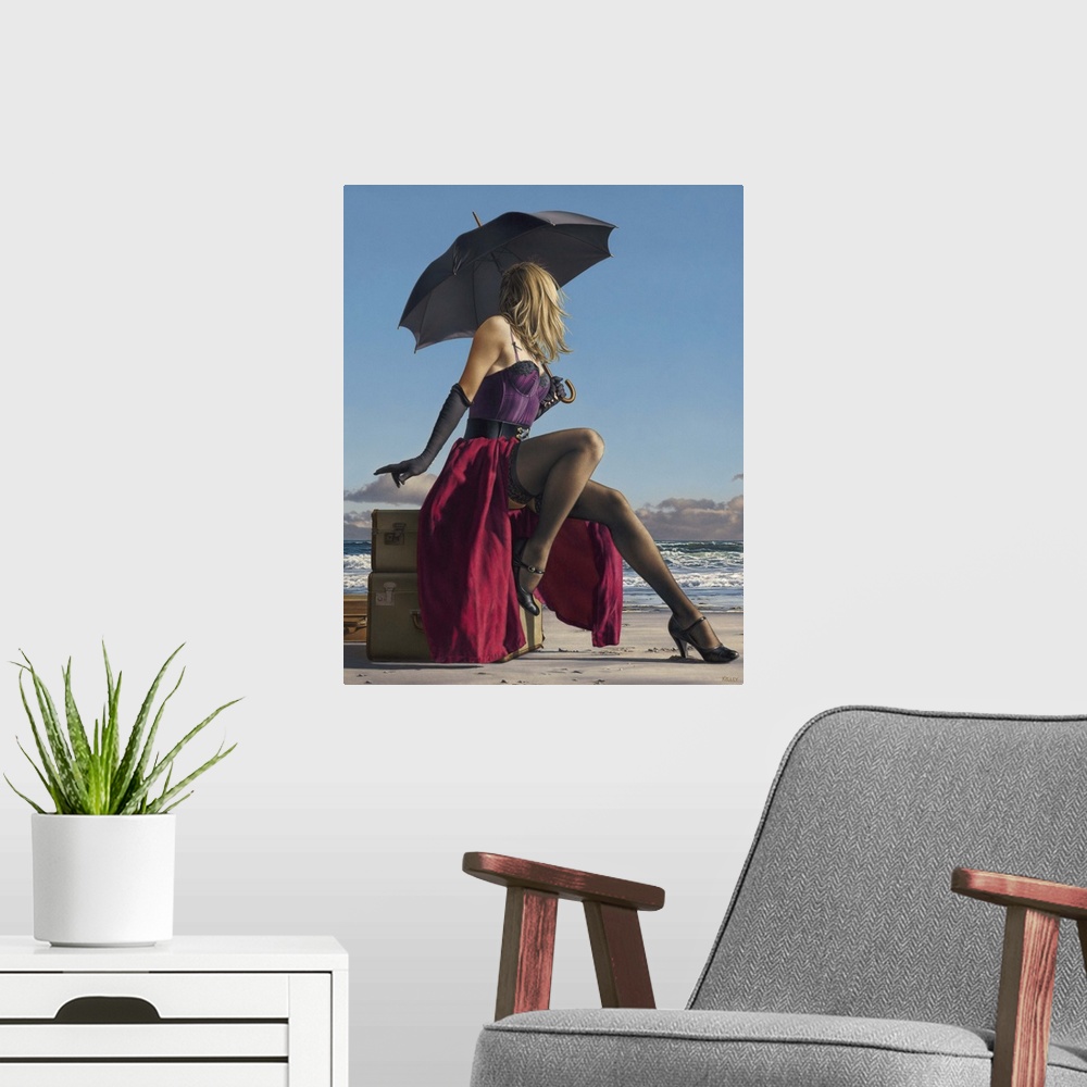 A modern room featuring Contemporary painting of a woman wearing lingerie and holding an umbrella, while sitting on lugga...