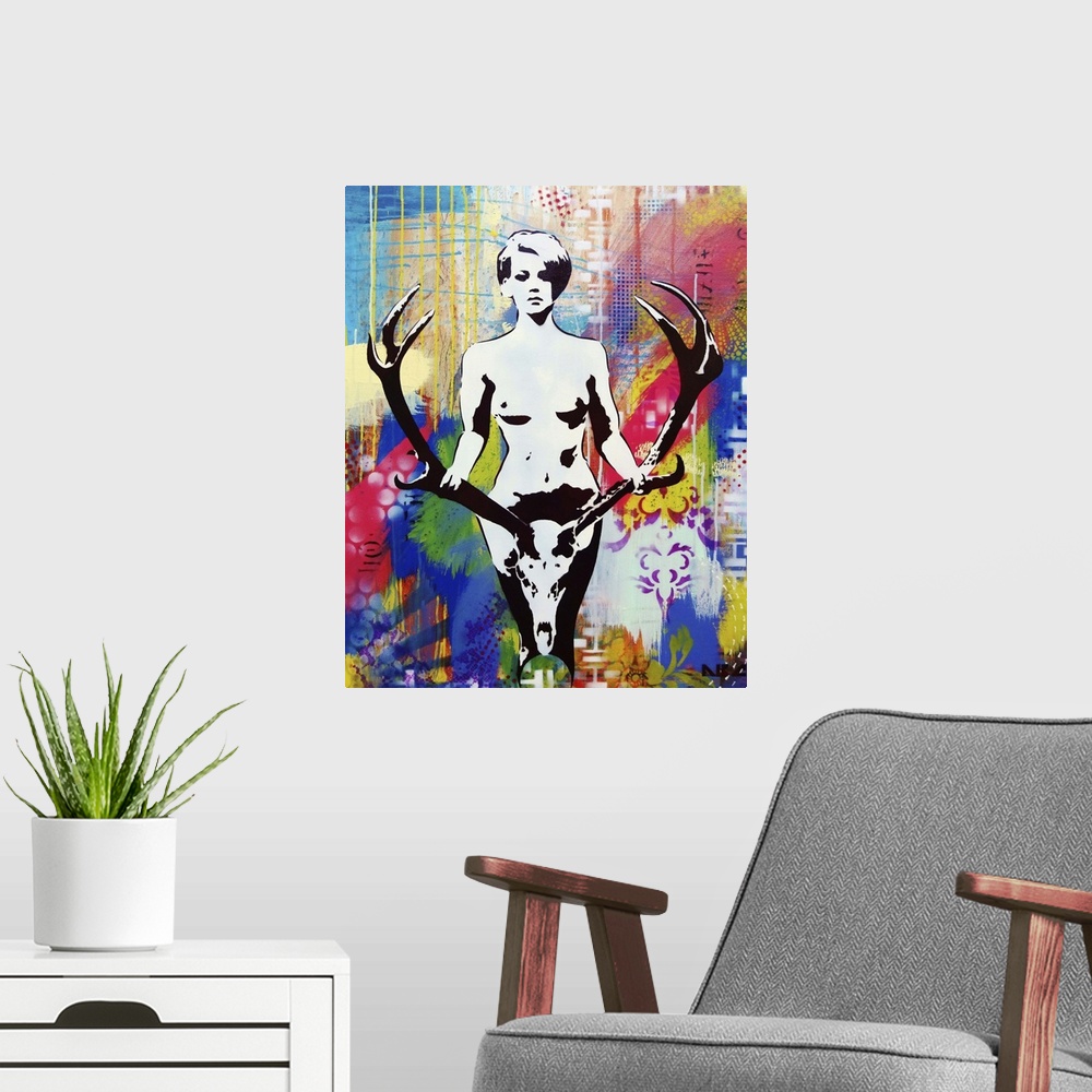 A modern room featuring Urban painting of a nude woman holding a large pair of antlers.