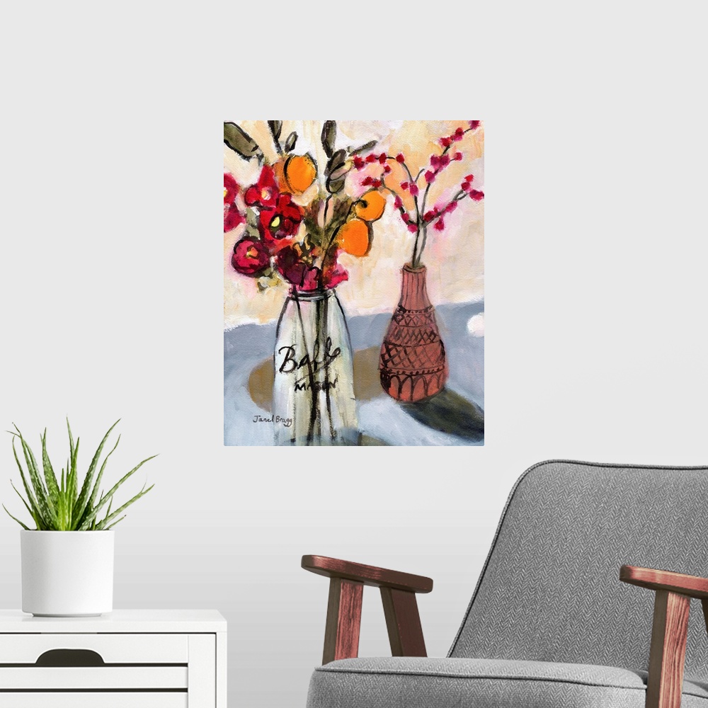 A modern room featuring Still Life With Mason Jar And Flowers