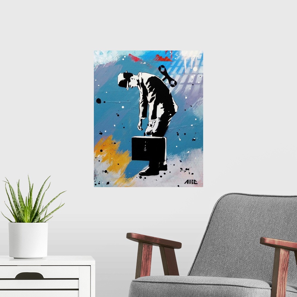 A modern room featuring Urban painting of a business man with a wind-up key in his back.