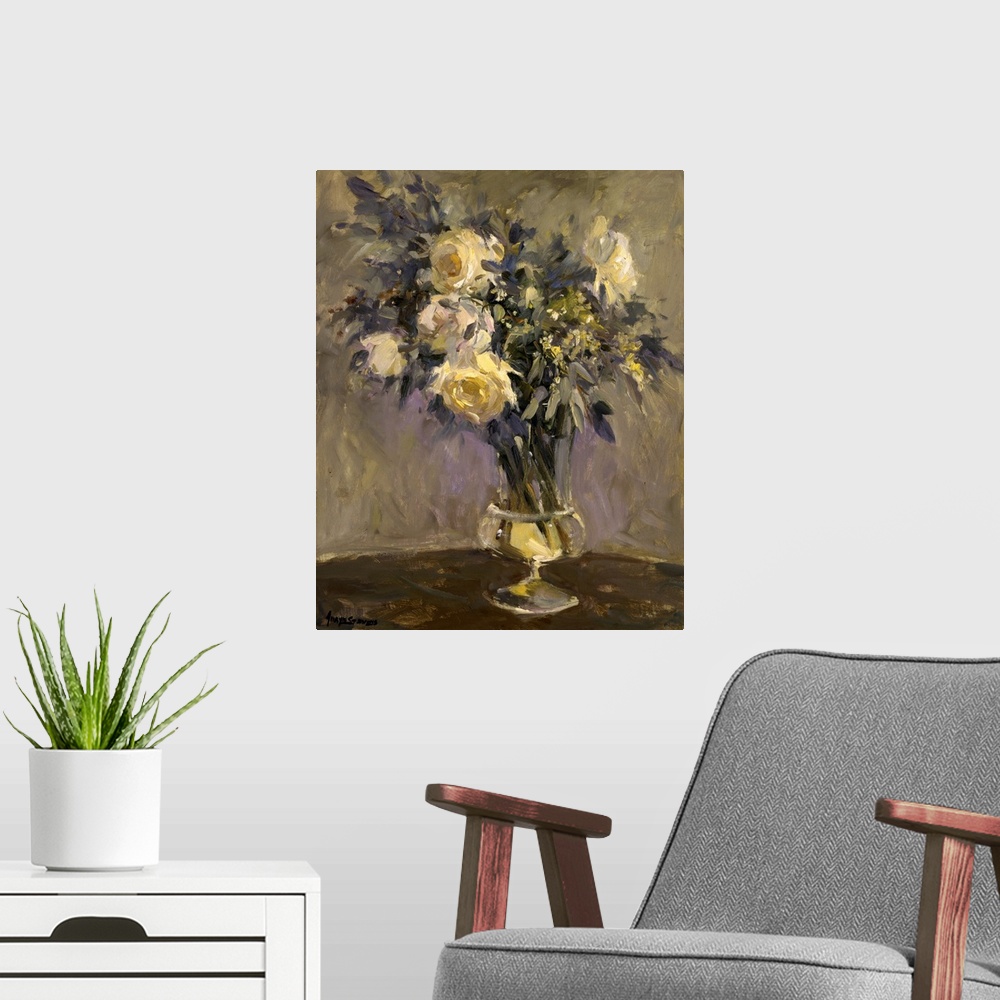 A modern room featuring Fine art oil painting still life of yellow roses and lavender flowers in a clear glass vase on a ...