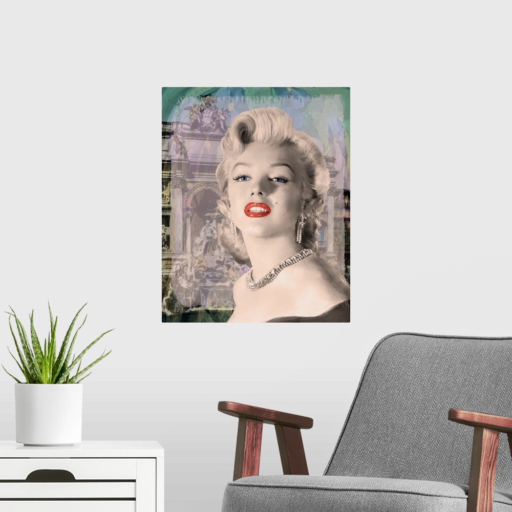 A modern room featuring Digital art painting of Marilyn Monroe and the Trevi Fountain in Girl's Best Friend Trevi.