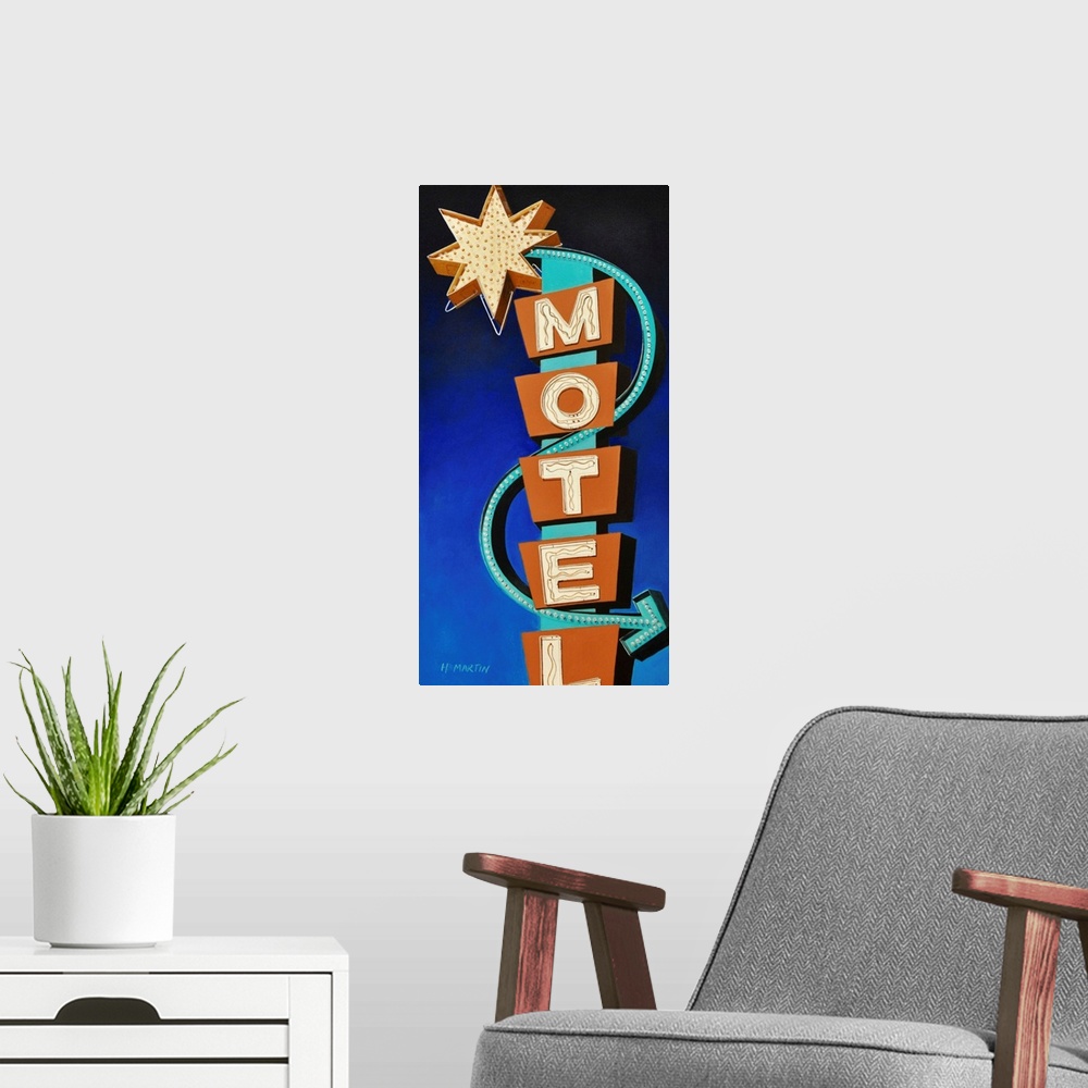 A modern room featuring Fine art oil painting of a brightly colored vintage neon motel sign shining brightly on a blue ba...