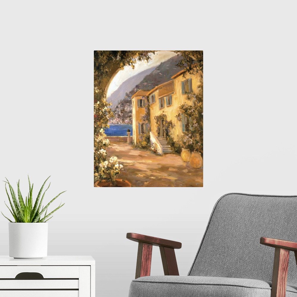 A modern room featuring Fine art oil painting landscape of a seaside Italian villa drenched in a warm wash of sunlight by...
