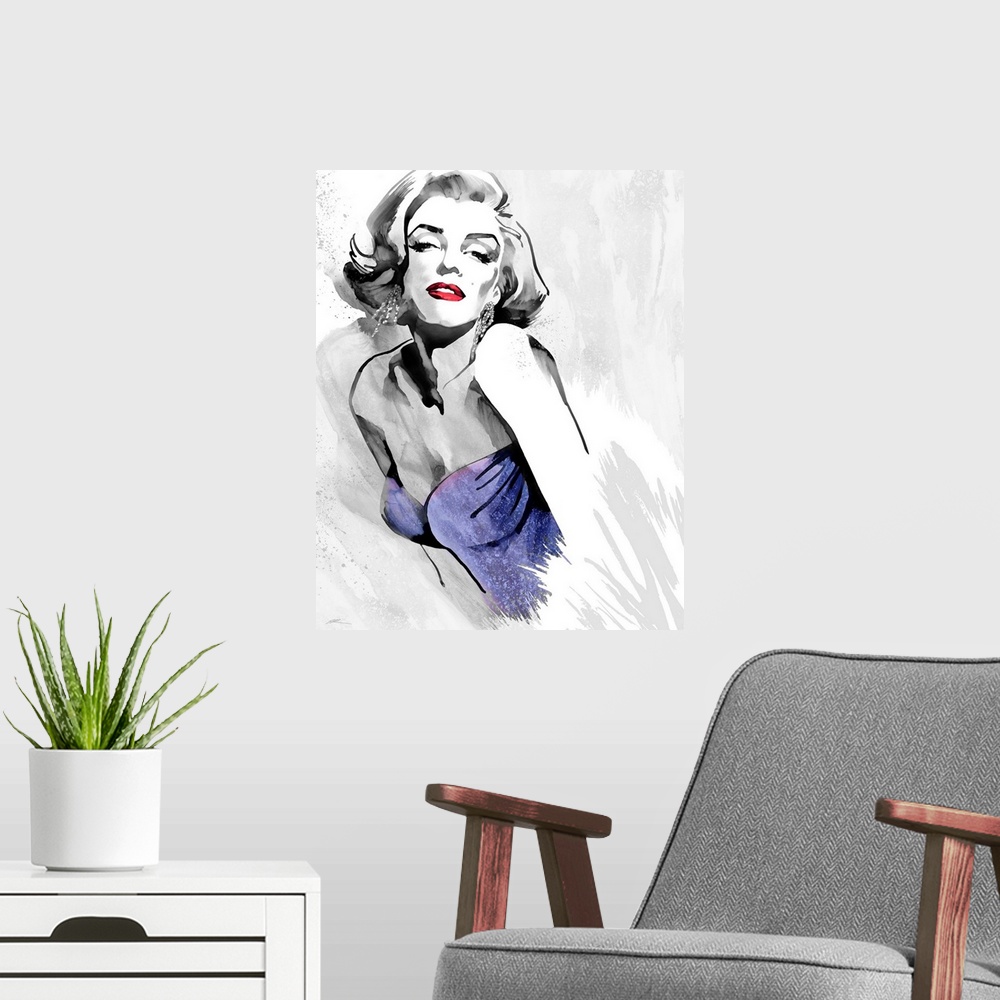 A modern room featuring Marilyn Monroe's fashion pose in black and white with red lips and a purple retro 1980's straples...