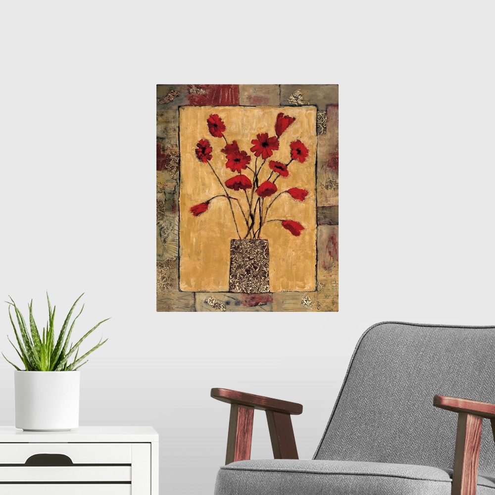 A modern room featuring Contemporary artwork of a bouquet of red flowers in a patterned vase surrounded by textured border.