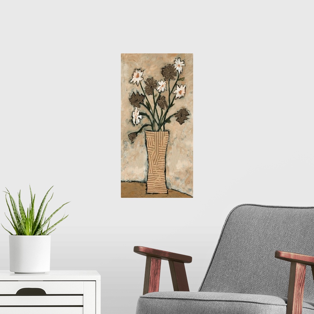 A modern room featuring Contemporary artwork of a bouquet of white and brown blooming flowers.