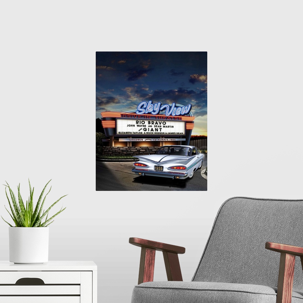 A modern room featuring Digital art painting of the Sky View drive-in theater playing Rio Bravo and Giant, with a classic...