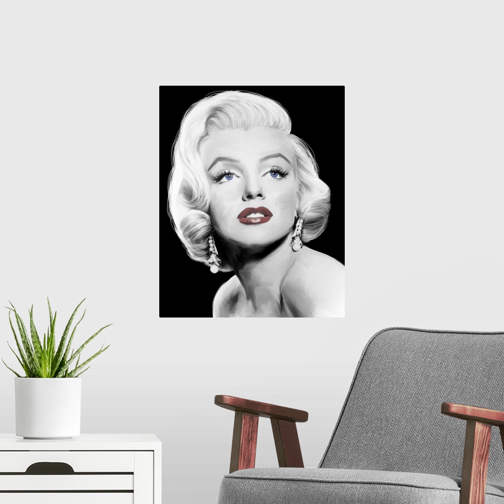 A modern room featuring Digital art painting in black and white with spot color, of Marilyn Monroe in Stardust.
