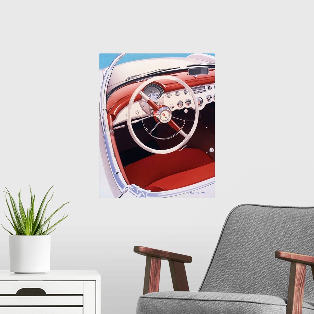 A modern room featuring Digital fine art image takes a close up view of a classic car's steering wheel by world renowned ...
