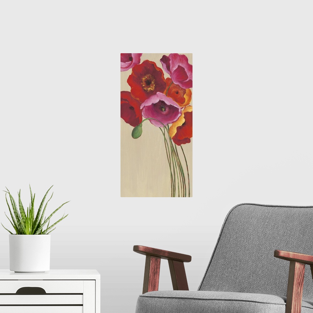 A modern room featuring Fine art painting of poppies in reds, pinks and fuscia by Elle Summers.