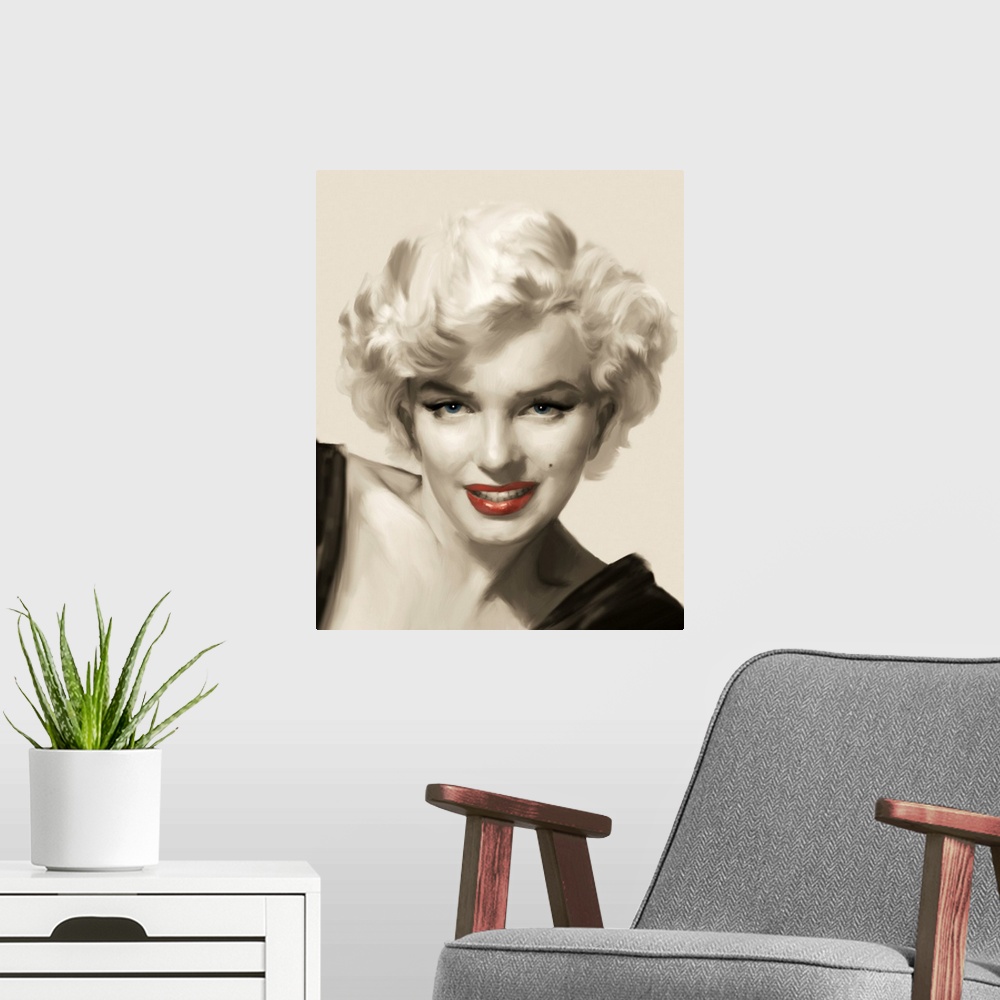 A modern room featuring Marilyn Monroe gazes at the viewer with red lips.