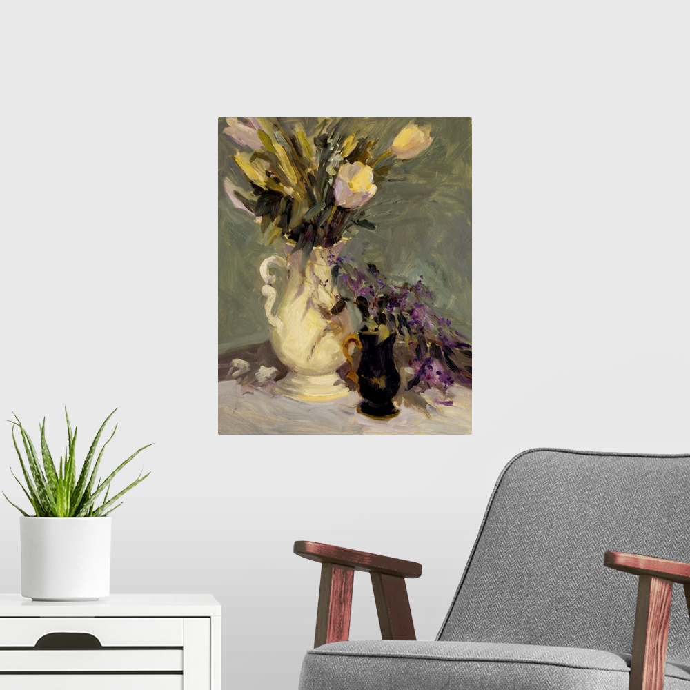 A modern room featuring Fine art oil painting still life of tulips and lavender flowers in a white porcelain pitcher on a...