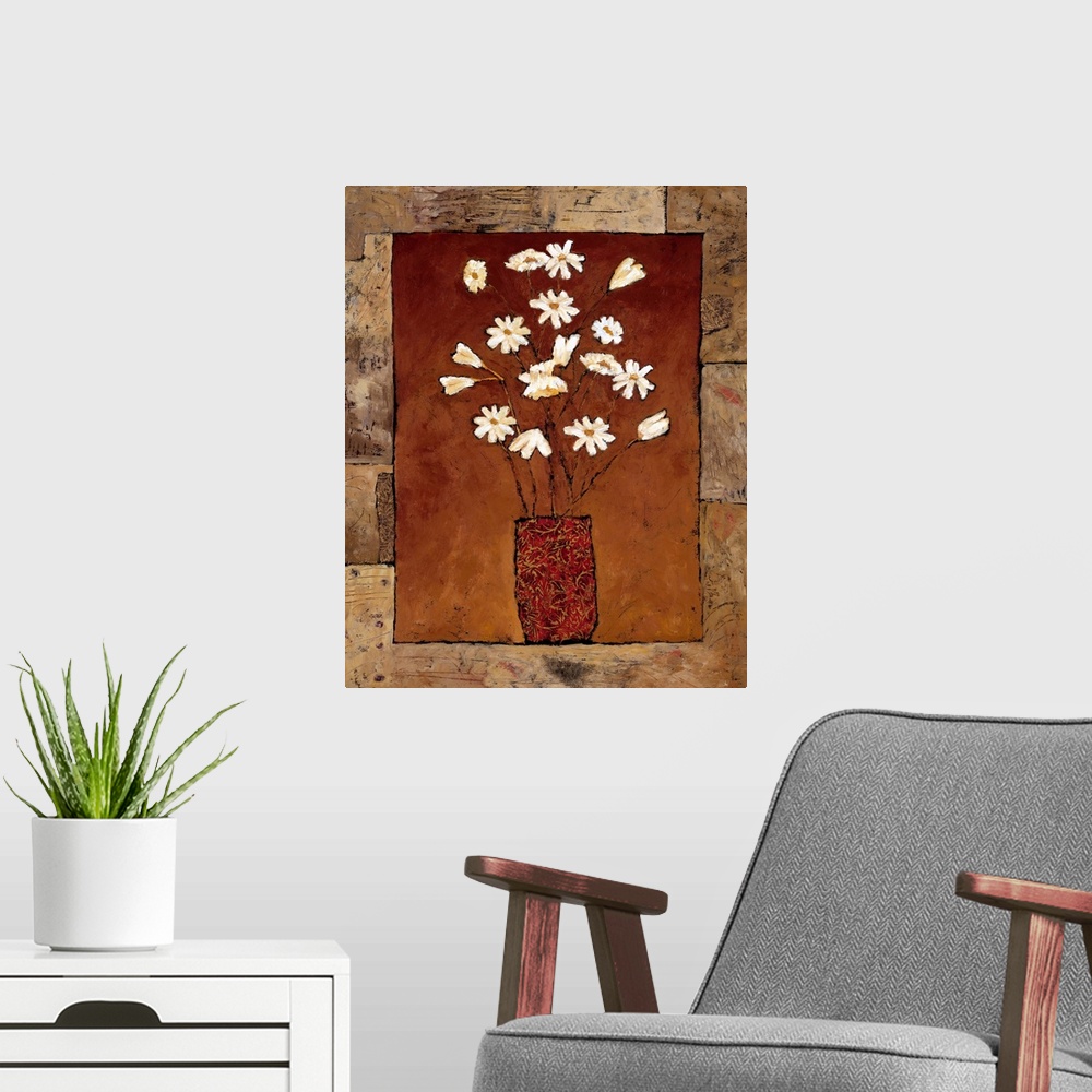 A modern room featuring Contemporary painting of a bouquet of white flowers over a earth toned background surrounded by a...