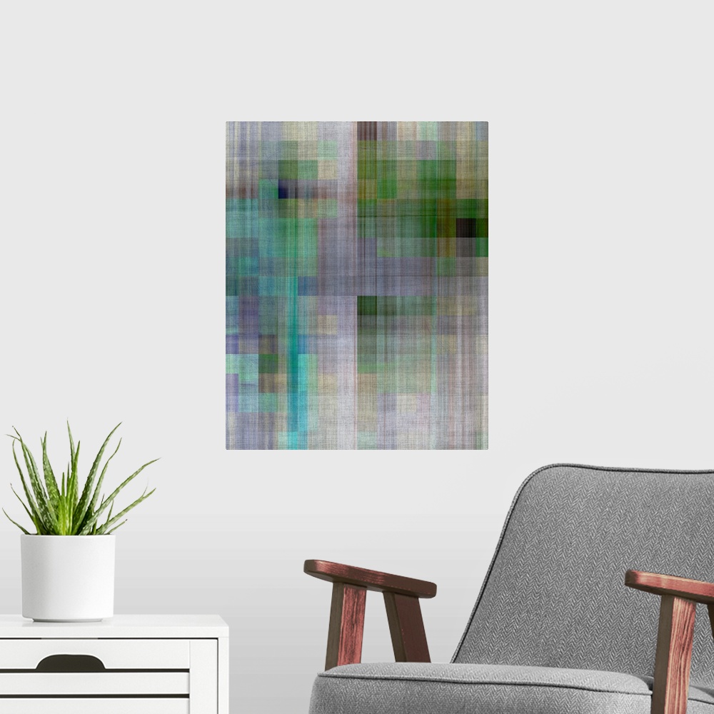 A modern room featuring Pixelated light and color create an abstract cityscape.