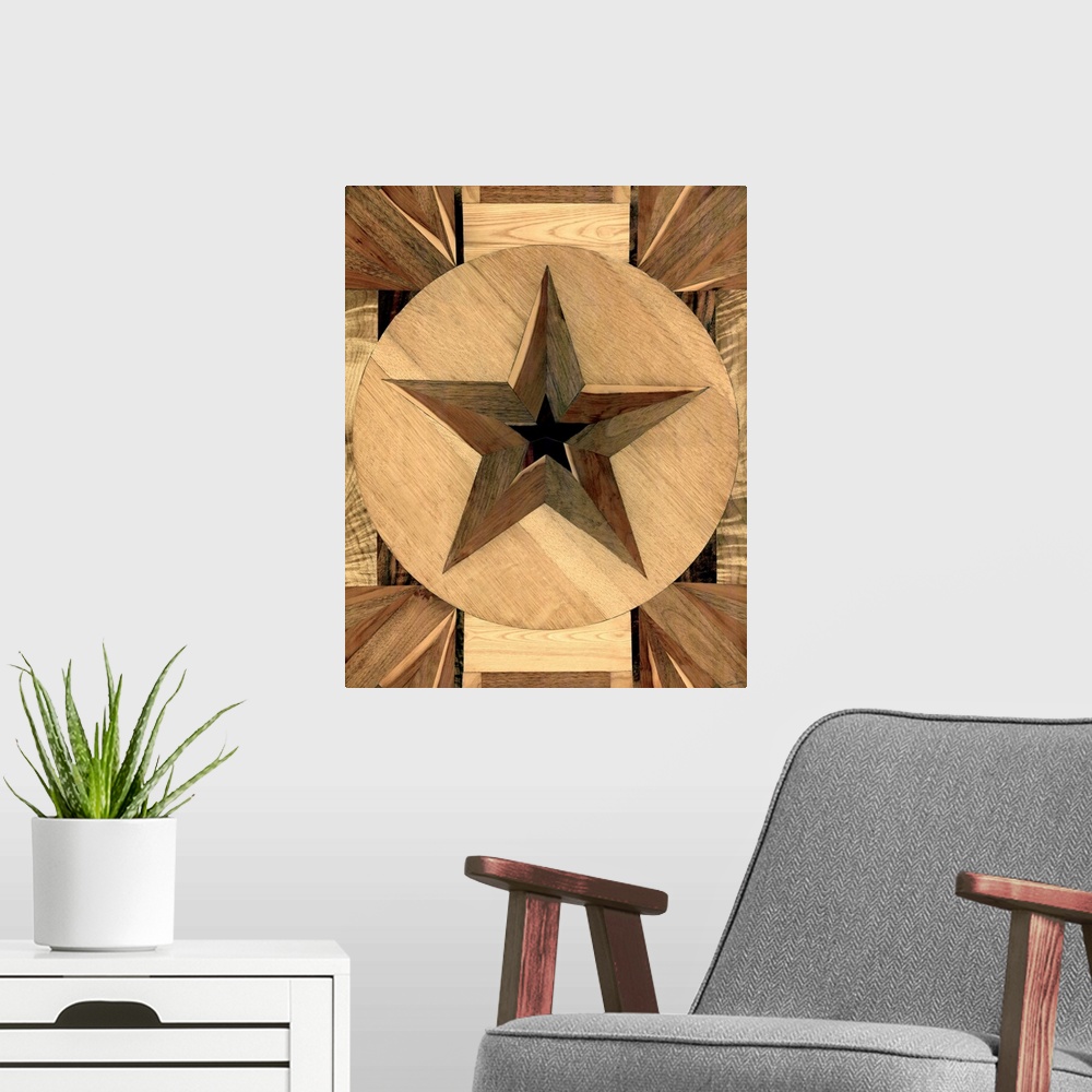 A modern room featuring A western star with a stunning array of different types of wood collaged together to form this st...