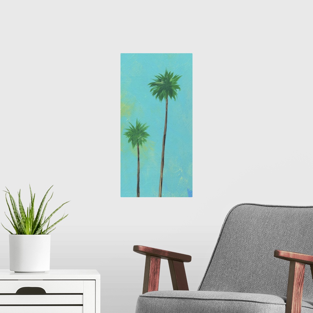 A modern room featuring Contemporary artwork of two tall palm trees with thin trunks against a blue background.
