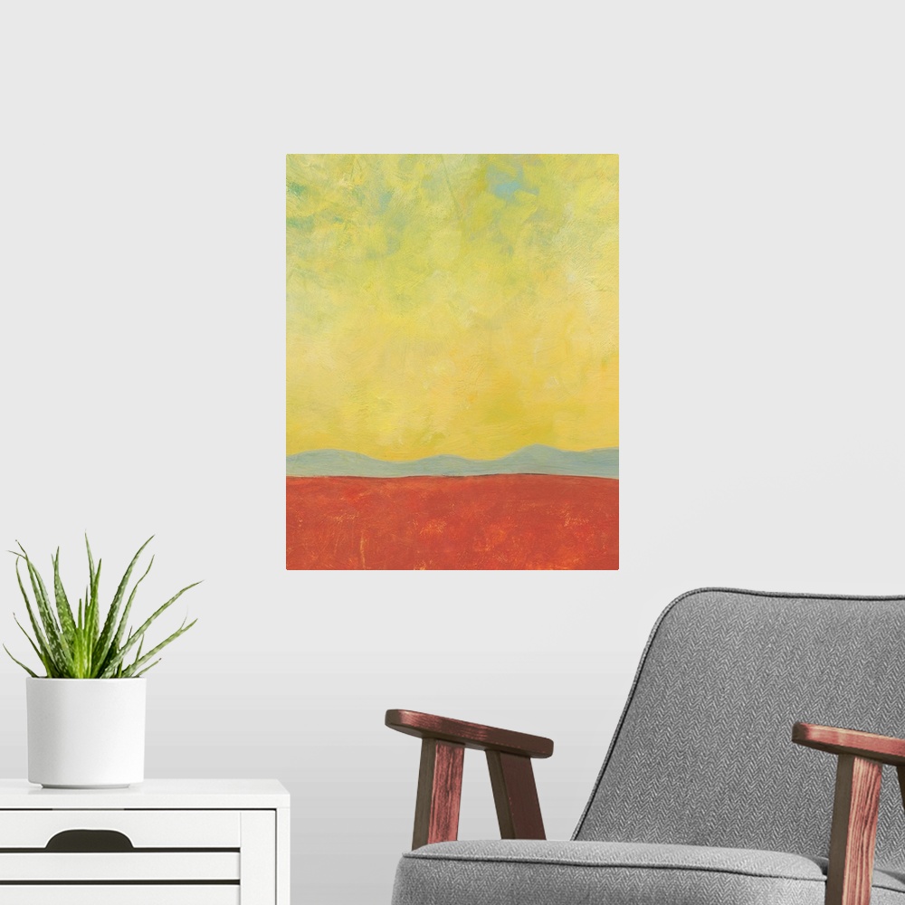 A modern room featuring This minimalist landscape offers a lonely view of a desert with it's red sand and soft hills in t...