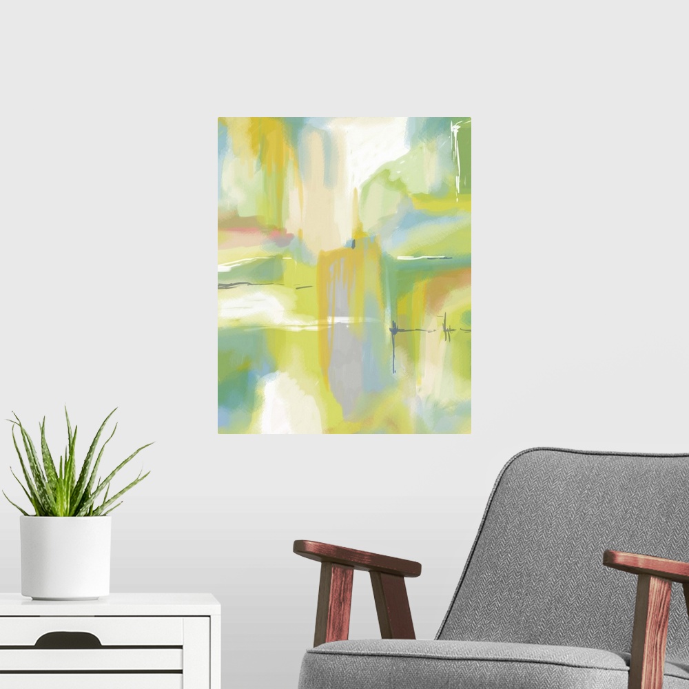 A modern room featuring A contemporary abstract with dripping yellow hues and shades of green and blue throughout.