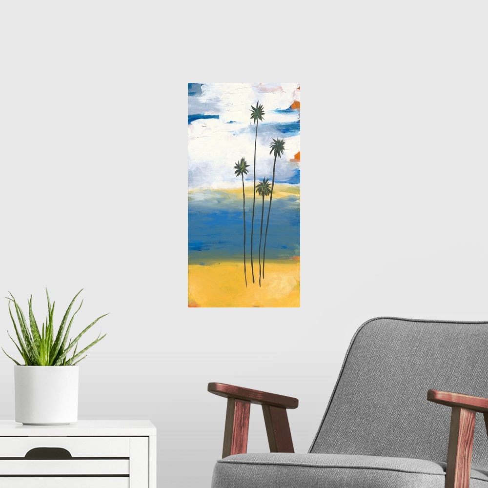 A modern room featuring Contemporary artwork of four slender palm trees on the beach with white clouds in the distance.