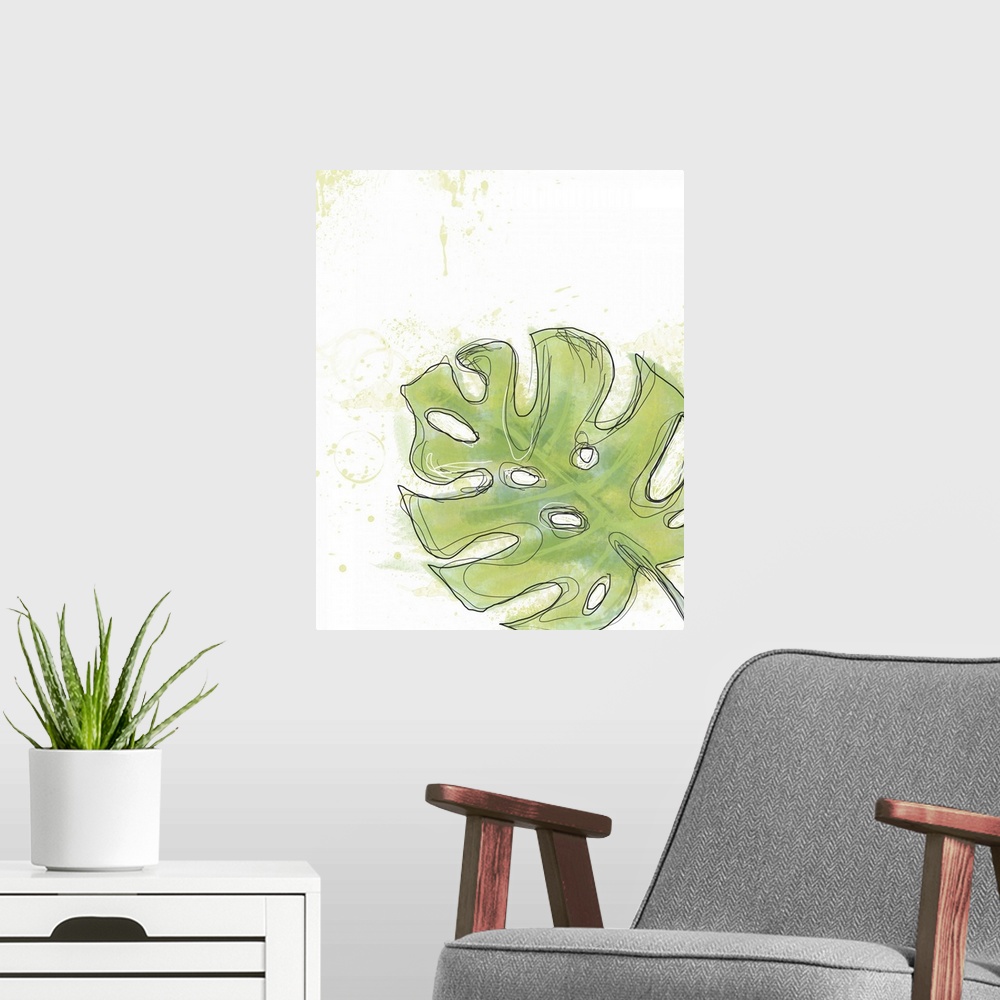 A modern room featuring A contemporary abstract of the outline of a leaf illustrated with squiggly black lines and green ...