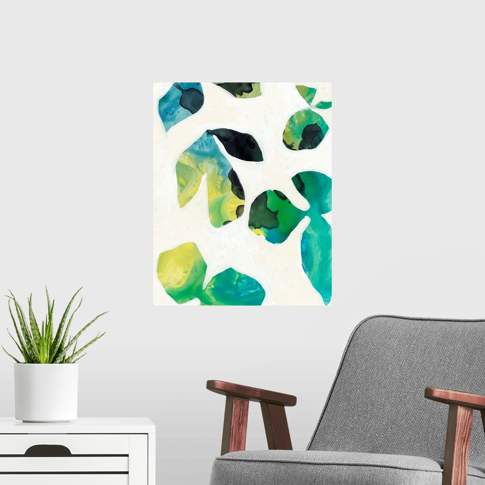 A modern room featuring Blue and green leaves float quietly on a soft white background. This print would work well in a h...
