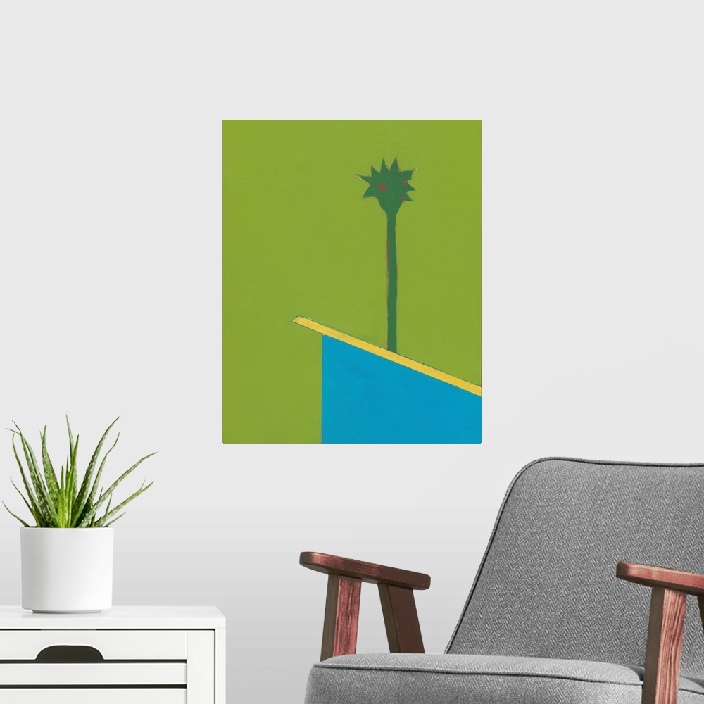 A modern room featuring Modern painting of an angled rooftop with a single palm tree rising above it, on a bright green b...