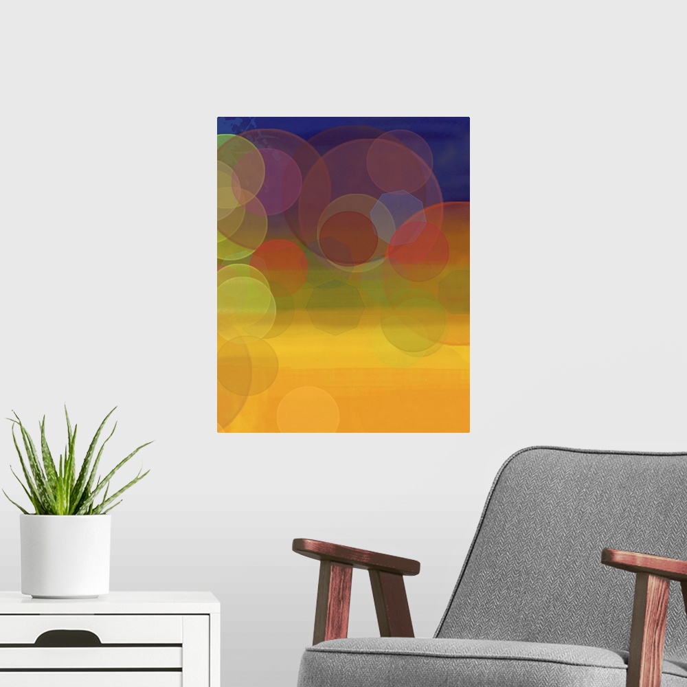 A modern room featuring Contemporary abstract digital painting on canvas of the lights in the distance in a very dark night.