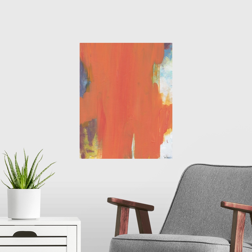 A modern room featuring Contemporary abstract art using soft colors in downward strokes to make a color field.