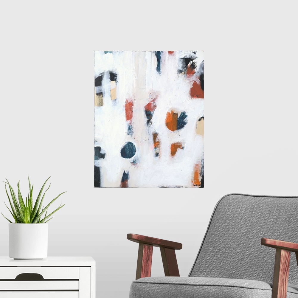 A modern room featuring Contemporary abstract painting featuring orange and navy shapes hiding behind stretches of white.