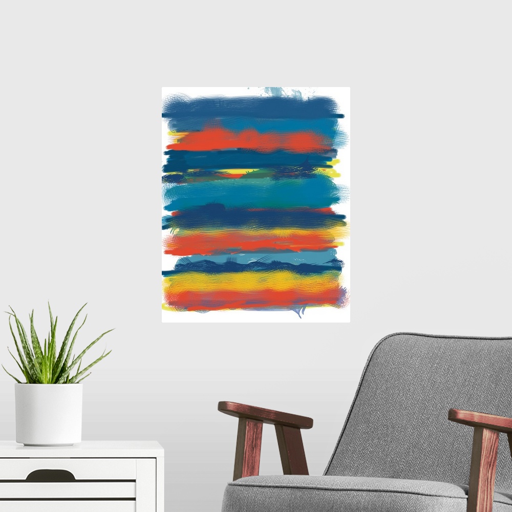 A modern room featuring Abstract contemporary painting of blue, red, and yellow horizontal bands of smudged color.