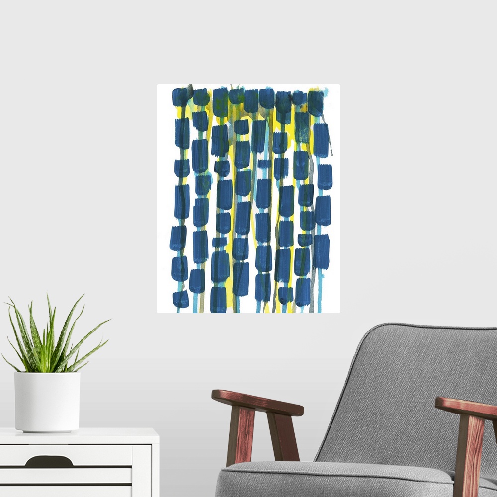 A modern room featuring Contemporary artwork featuring a chain of navy blue shapes with yellow areas.