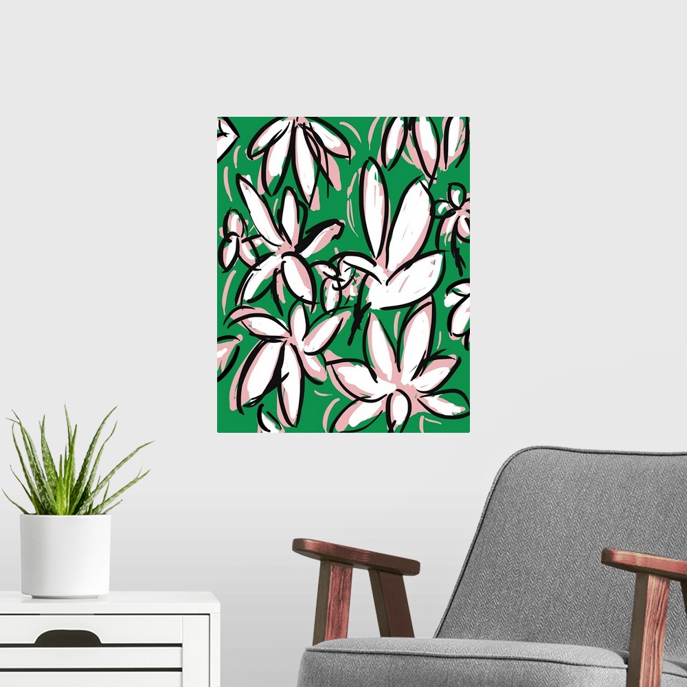 A modern room featuring Gestural floral painting of pink and white flowers with dark outlines on green.