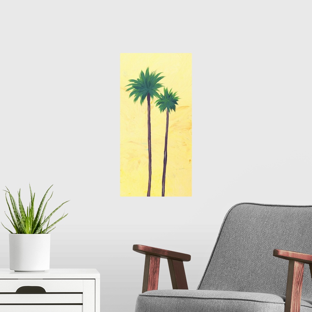 A modern room featuring Contemporary artwork of two tall palm trees with thin trunks against a yellow background.