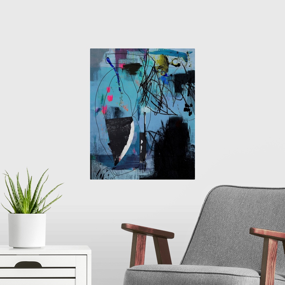 A modern room featuring A dark toned contemporary abstract painting with heavy charcoal scribble accents over shades of blue