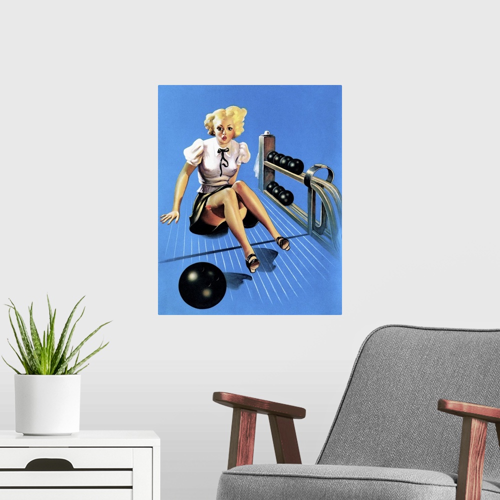 A modern room featuring Vintage 50's illustration of a young woman with a bowling ball, sitting in the lane.