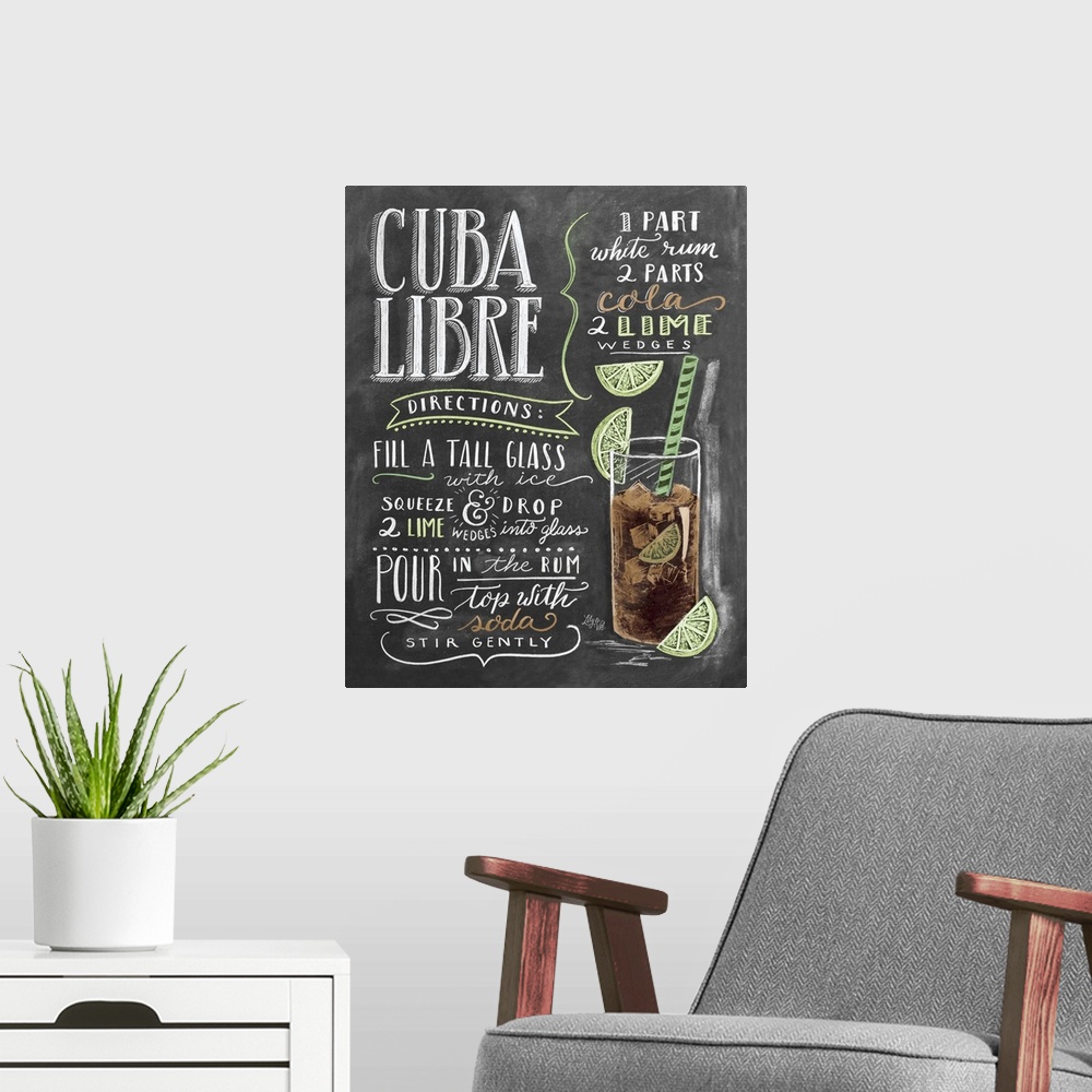 A modern room featuring Handlettered recipe for a Cuba Libre cocktail with the appearance of a chalkboard drawing.