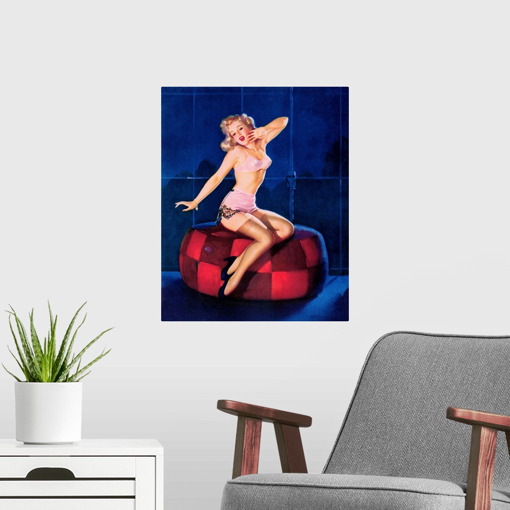 A modern room featuring Vintage 50's illustration of a young woman in lingerie stretching on a cushion.