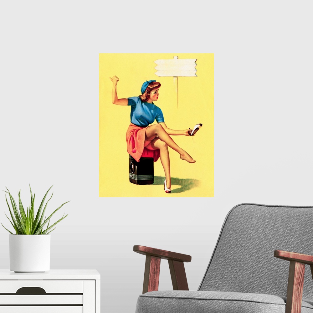 A modern room featuring Vintage 50's illustration of a young woman sitting on her suitcase at the side of the road.