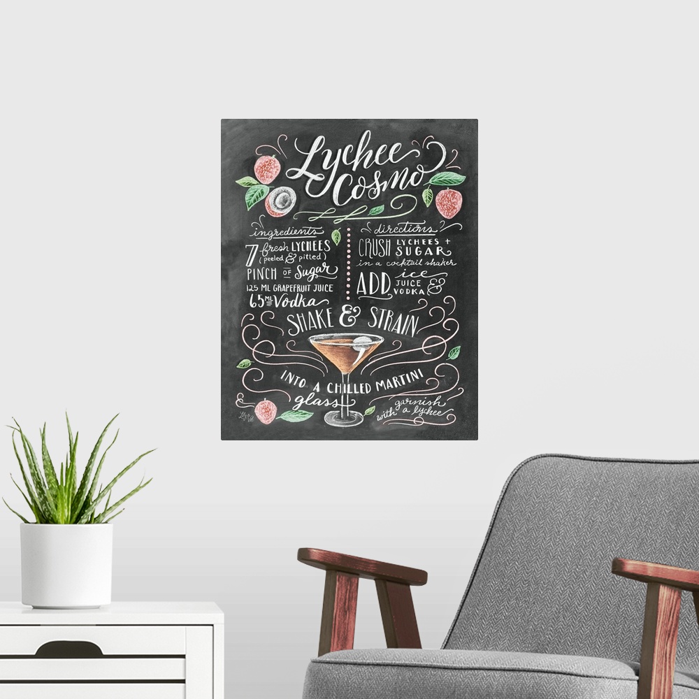 A modern room featuring Handlettered recipe for a Lychee Cosmo cocktail with the appearance of a chalkboard drawing.