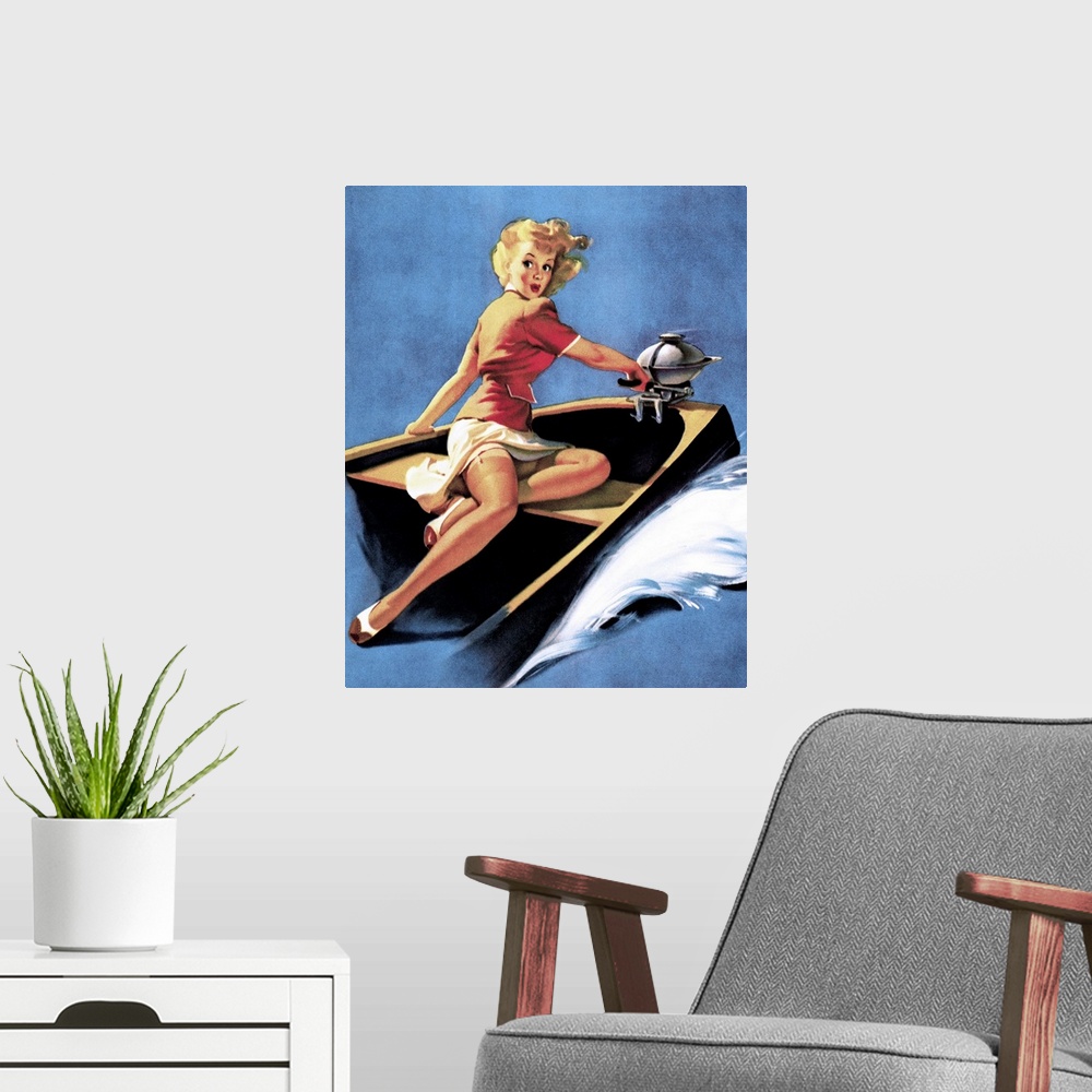 A modern room featuring Vintage 50's illustration of a young woman steering a motorboat on the lake.