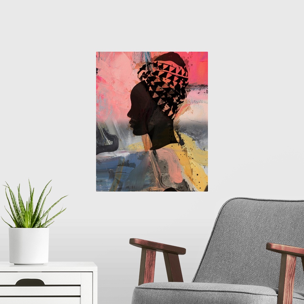 A modern room featuring A silhouetted portrait of a woman's face from the side, with her hair wrapped in fabric. The back...