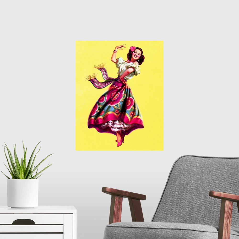 A modern room featuring Vintage 50's illustration of a young woman in a colorful dress dancing.