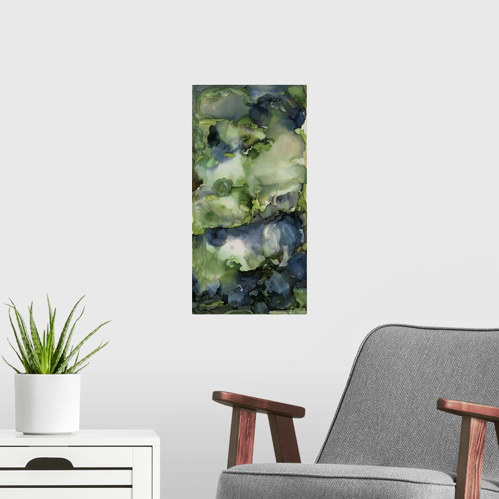 A modern room featuring Alchohol ink modern abstract painting in cerulean blue, green, gold, indigo