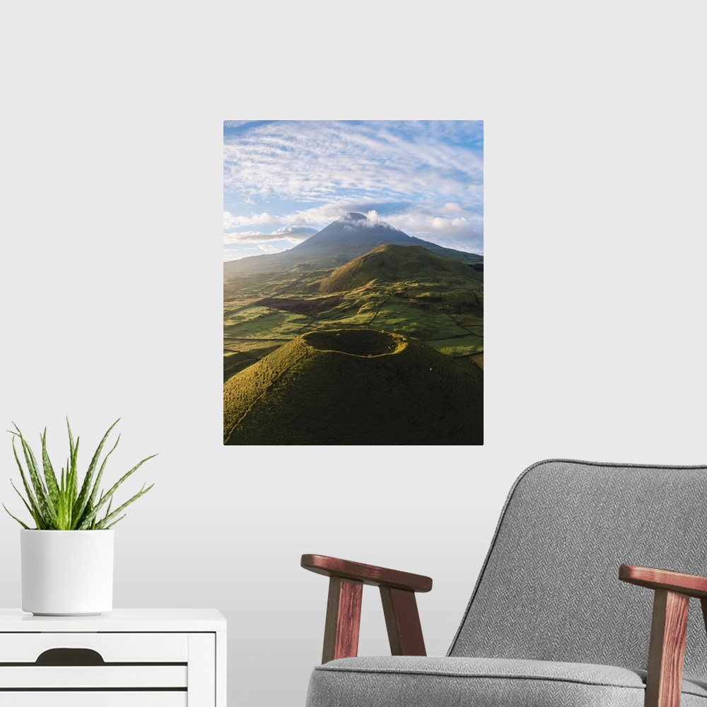 A modern room featuring Pico island, Azores, Portugal. Mount Pico and surrounding landscape, the highest mountain of Port...