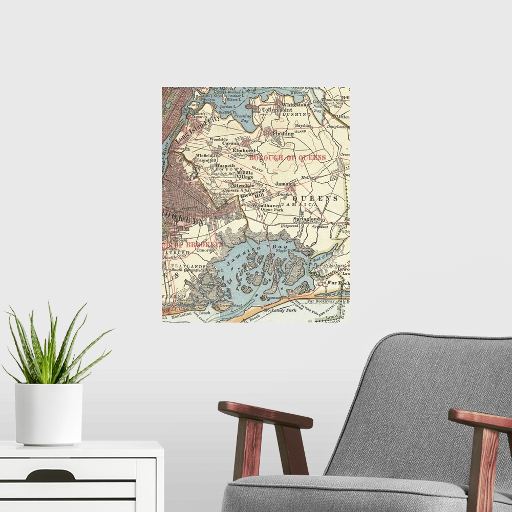 A modern room featuring Queens - Vintage Map