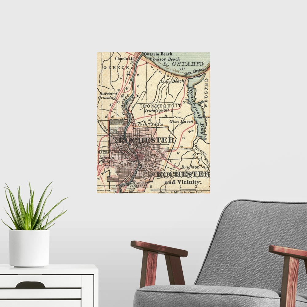 A modern room featuring Rochester - Vintage Map
