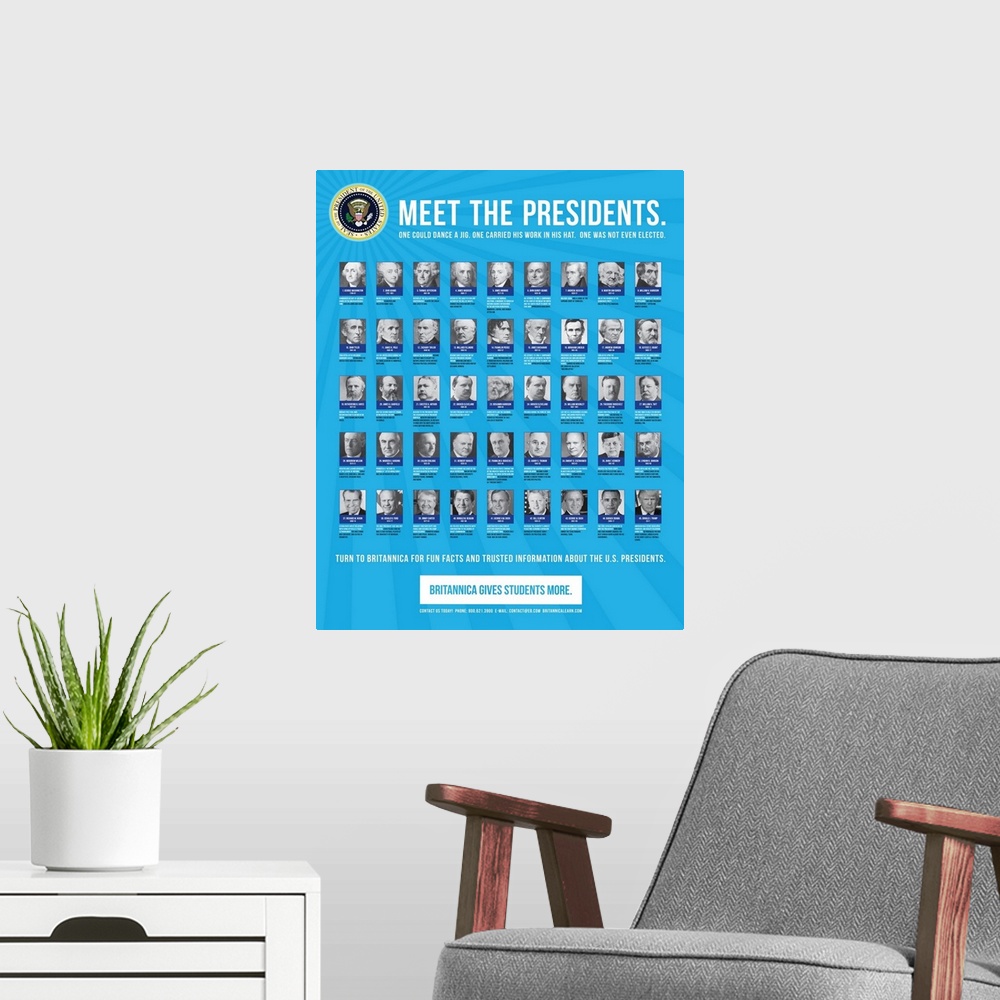 A modern room featuring Educational poster showing the 45 presidents of the United States, with interesting facts.